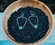 Load image into Gallery viewer, Small Stamped Triangle Hoops with Kingman Turquoise
