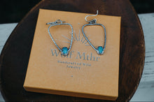Load image into Gallery viewer, Small Stamped Triangle Hoops with Kingman Turquoise
